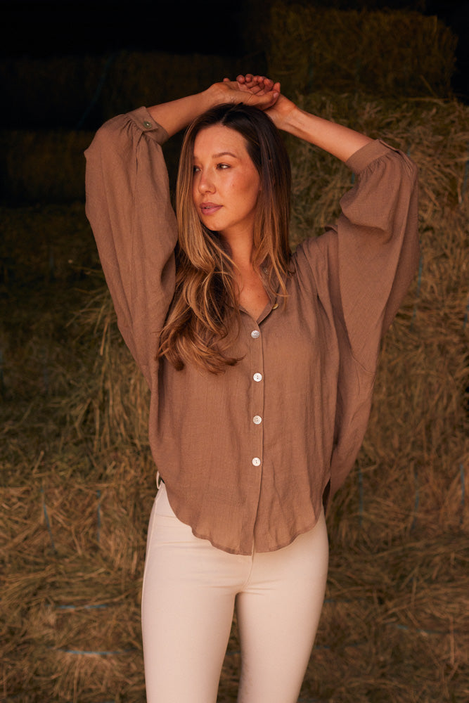Solid Citizen Equestrian | Lee | Mandarin Collar Button Blouse | Toasted Almond