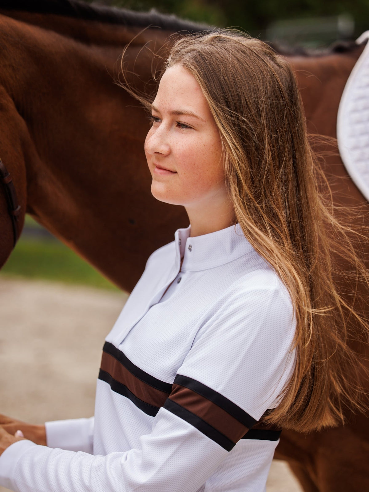 Essex Classics - Cambridge Ladies Long Sleeve Show Shirt - White with Black & Chocolate