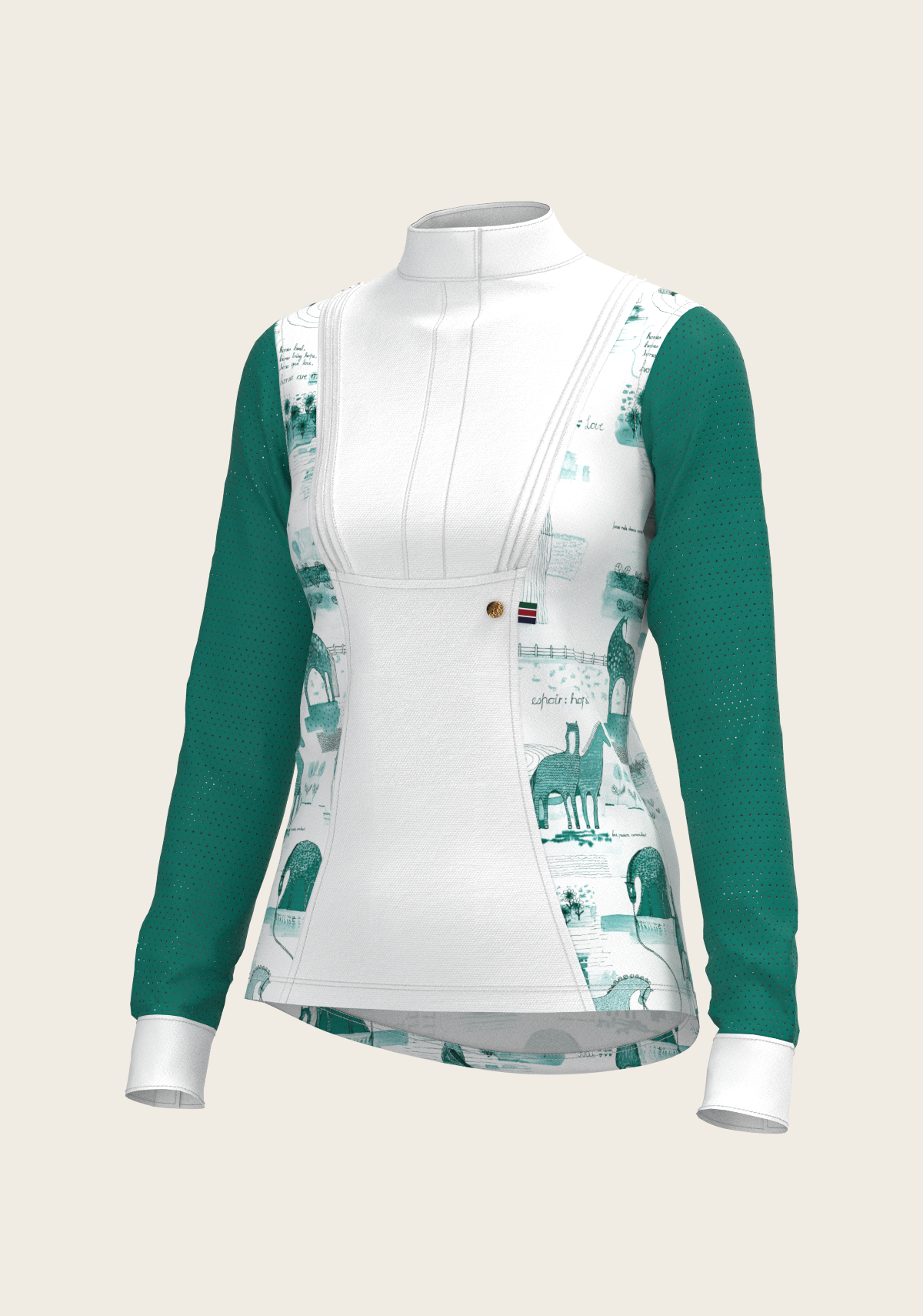 Espoir - Daydreaming Horses in Green Short Pleated Long Sleeve Show Shirt