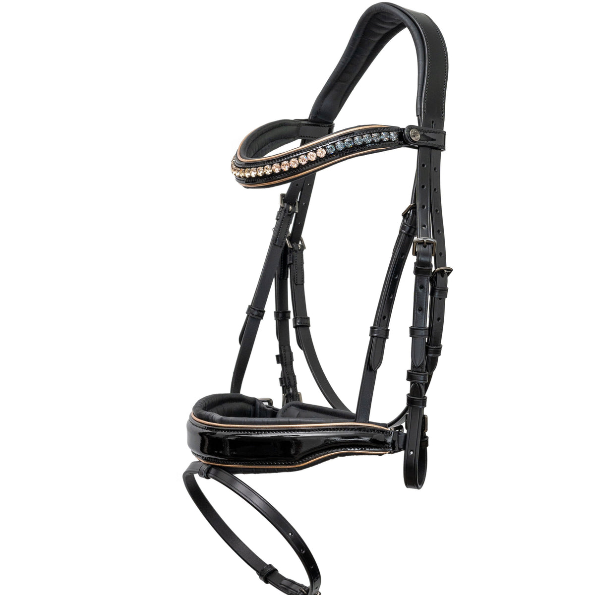 Halter Ego - The Gotham Black Patent Snaffle Bridle – Patent Leather | Croc Print | Ombre Austrian Crystal Browband