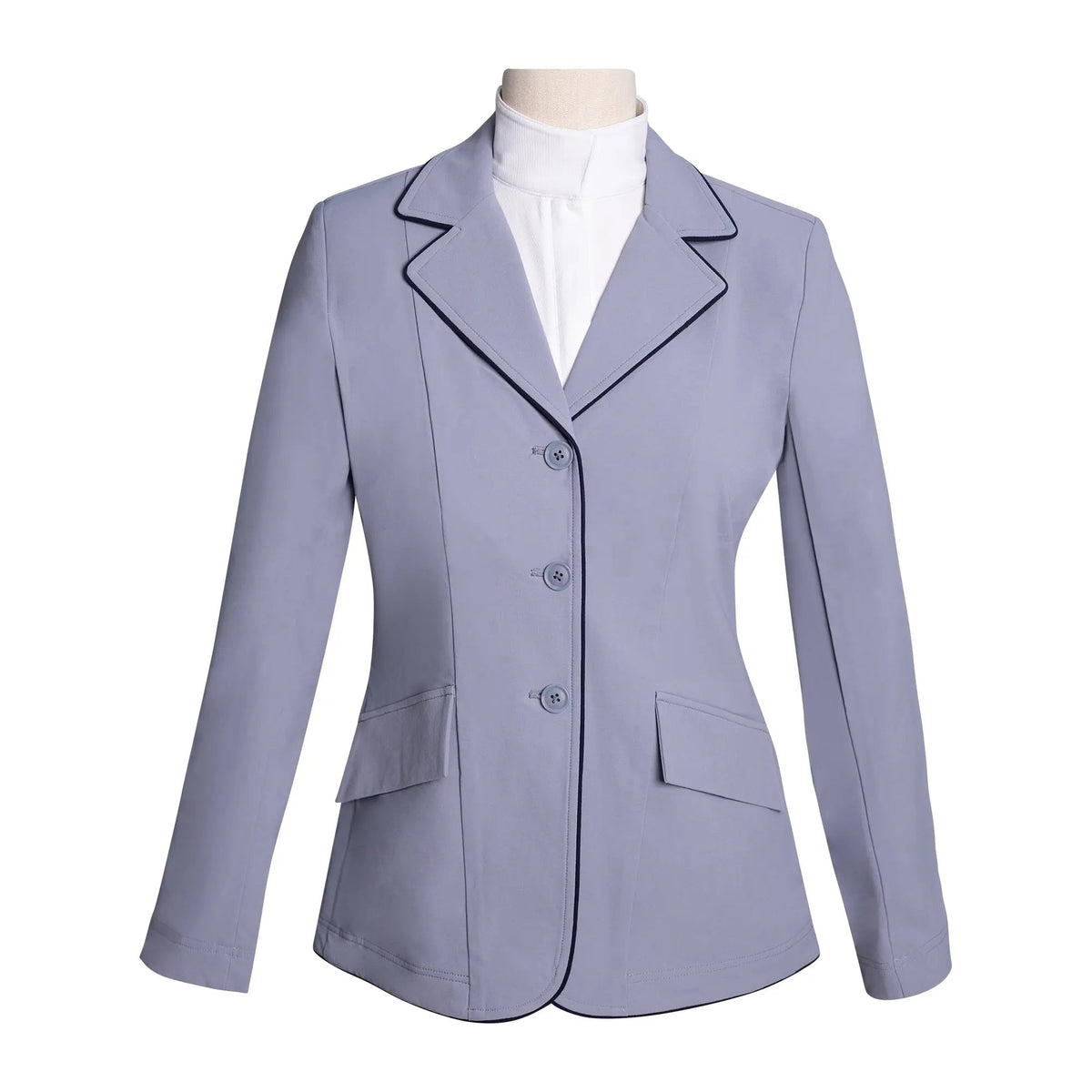 Grand Prix Ladies EQJ 3 Button Show Coat, Cadet Blue with Navy Piping