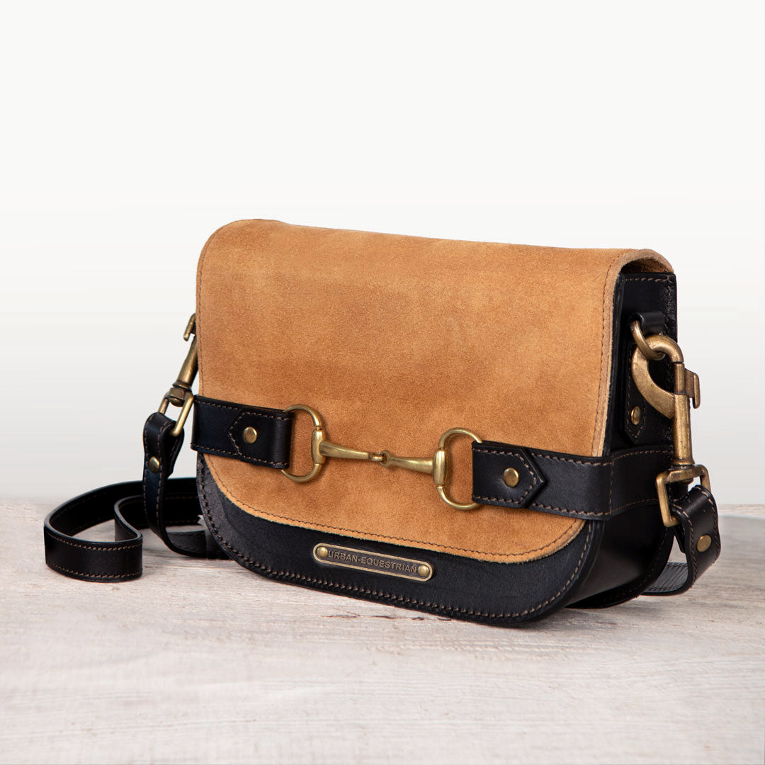 Urban Equestrian Saratoga- Horse Bit Crossbody Luxury Leather Handbag in Black on Chestnut