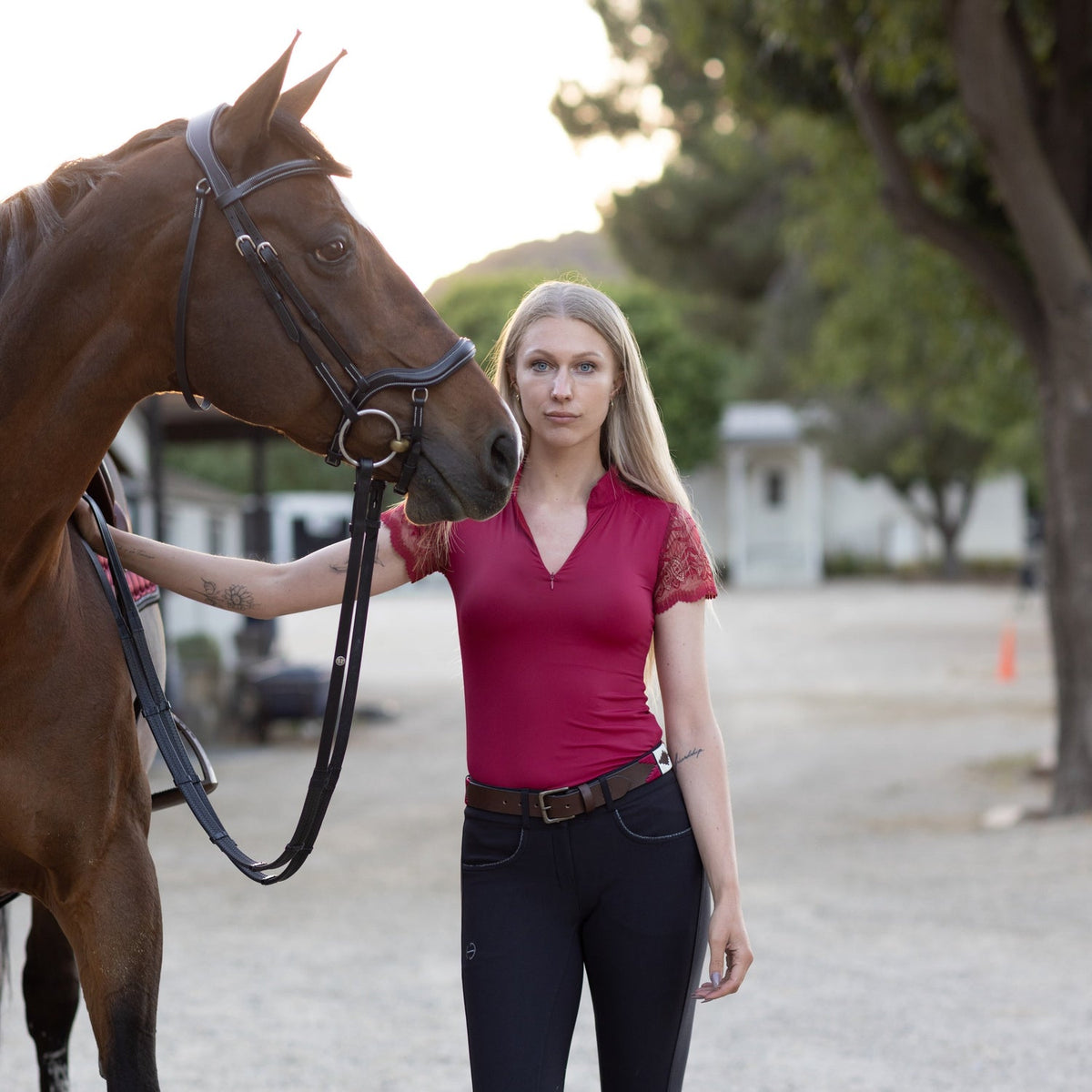 Halter Ego - Charlie Short Sleeve Lace Riding Shirt - Cherry Red