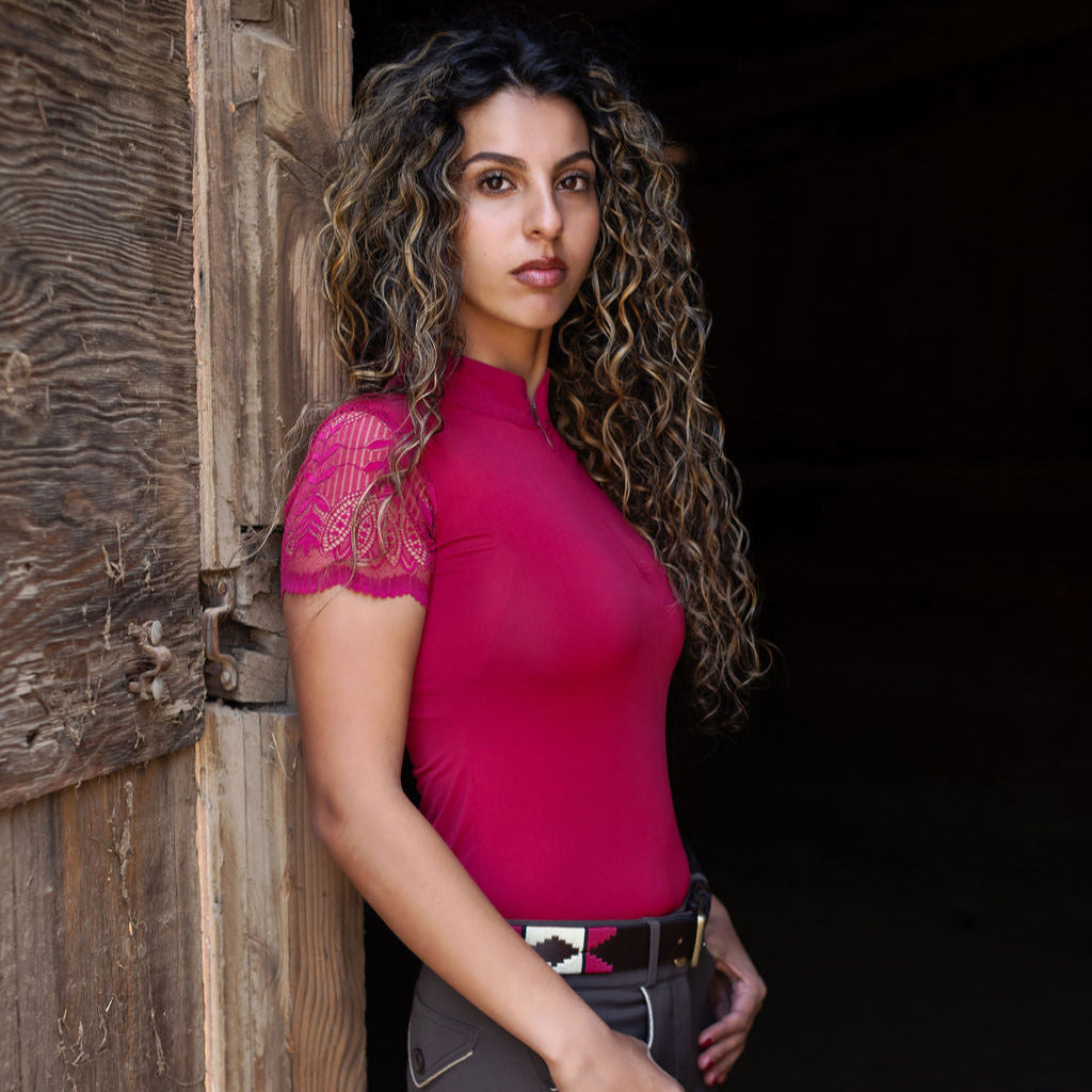 Halter Ego - Charlie Short Sleeve Lace Riding Shirt - Cherry Red