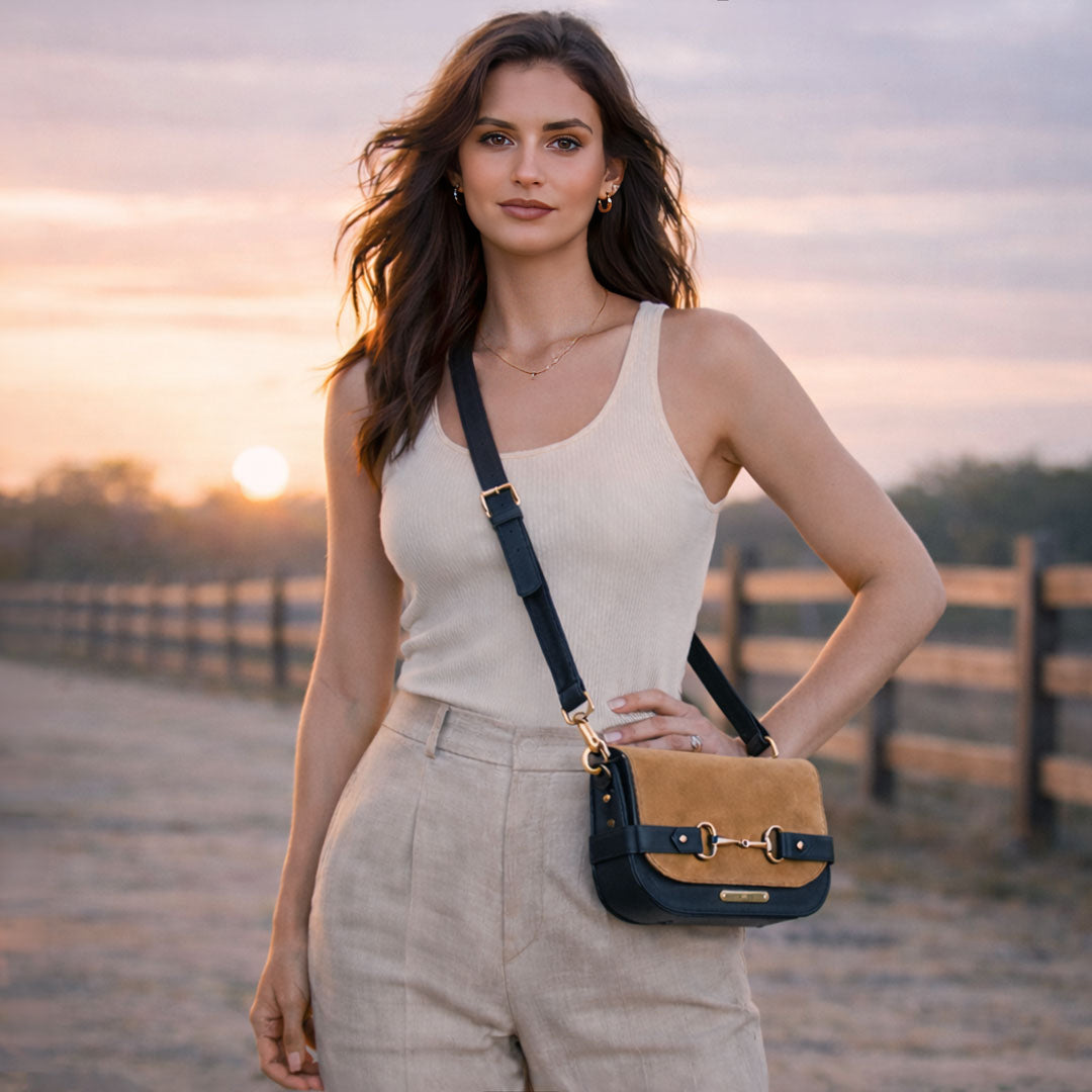 Urban Equestrian Saratoga- Horse Bit Crossbody Luxury Leather Handbag in Black on Chestnut