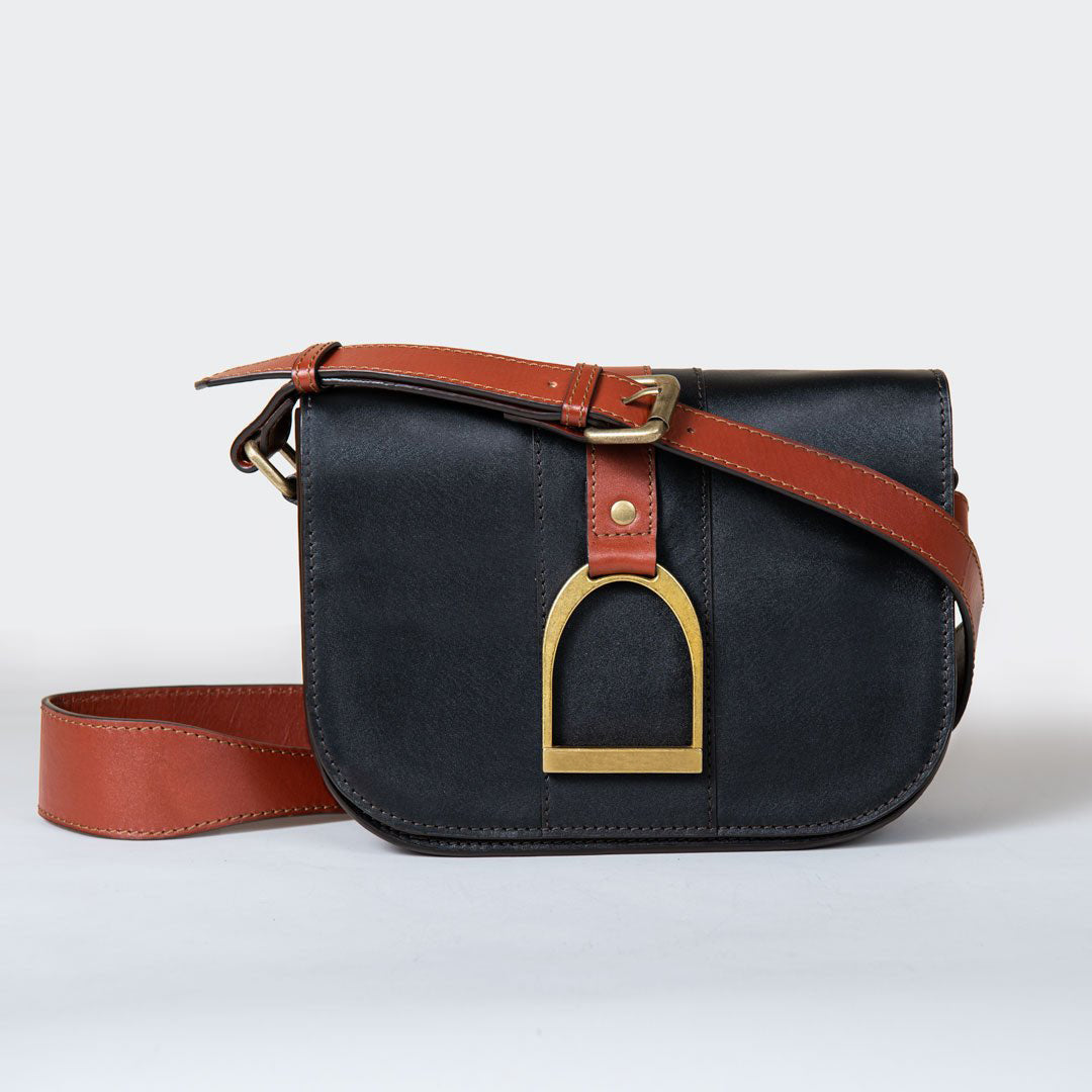 Signature Stirrup - Riding Stirrup Crossbody Luxury Leather Handbag in Cognac on Black