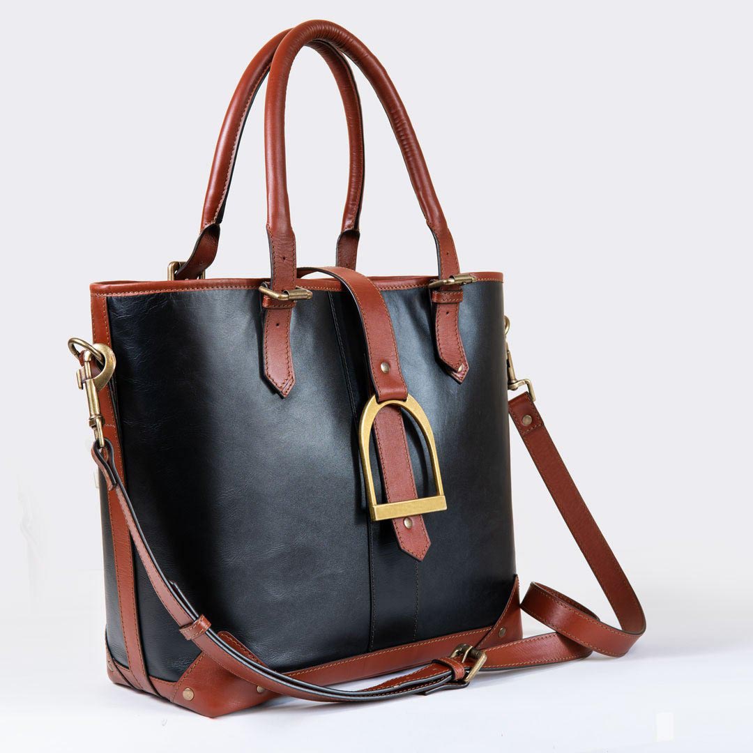 Urban Equestrian Signature - Riding Stirrup Tote Luxury Leather Handbag in Cognac on Black