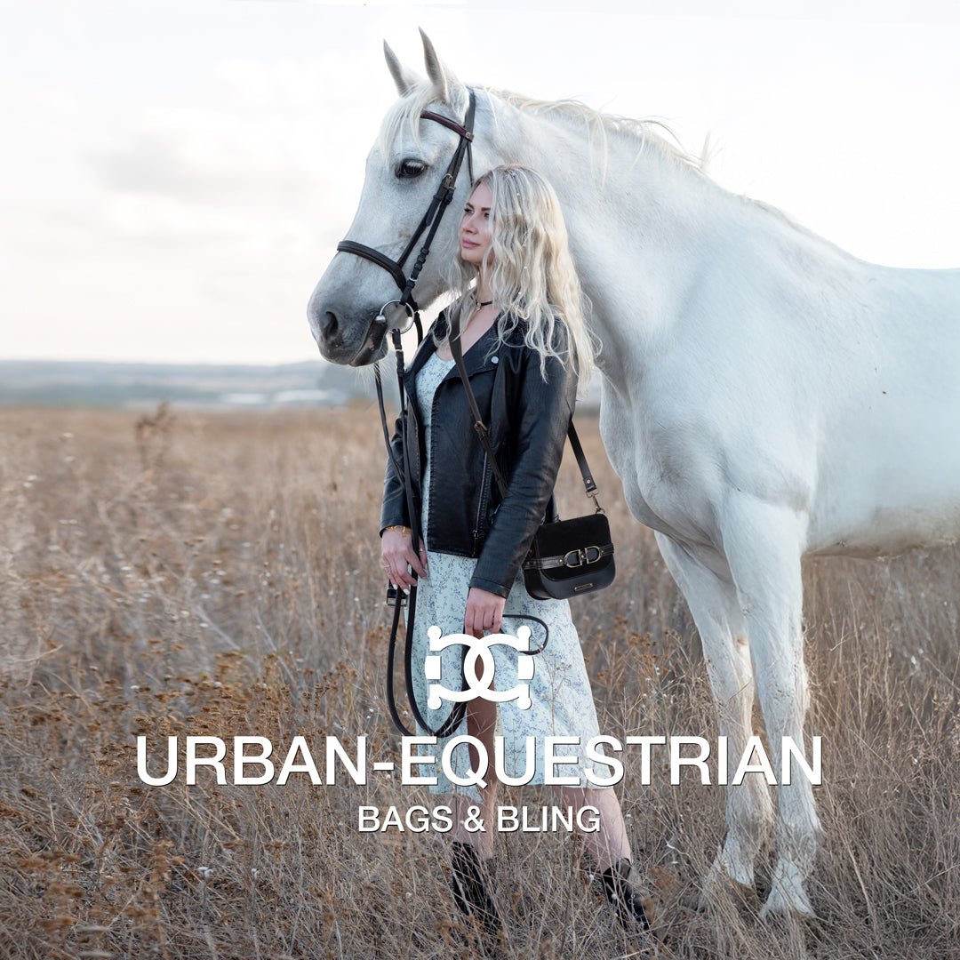 Urban Equestrian Delaney - Equestrian Stirrup Crossbody Luxury Leather Handbag in Black on Black