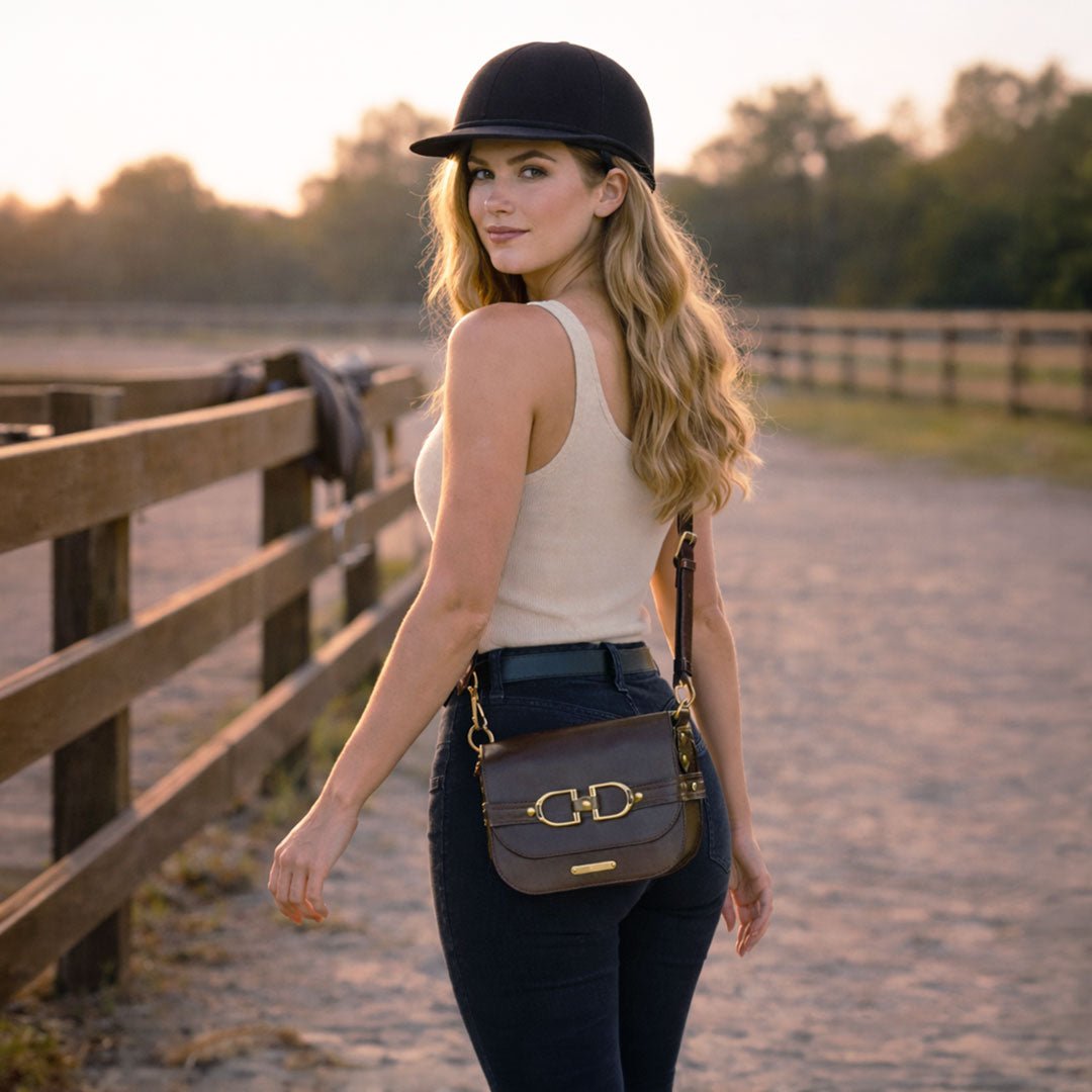 Urban Equestrian Delaney - Equestrian Stirrup Crossbody Luxury Leather Handbag in Deep Brown