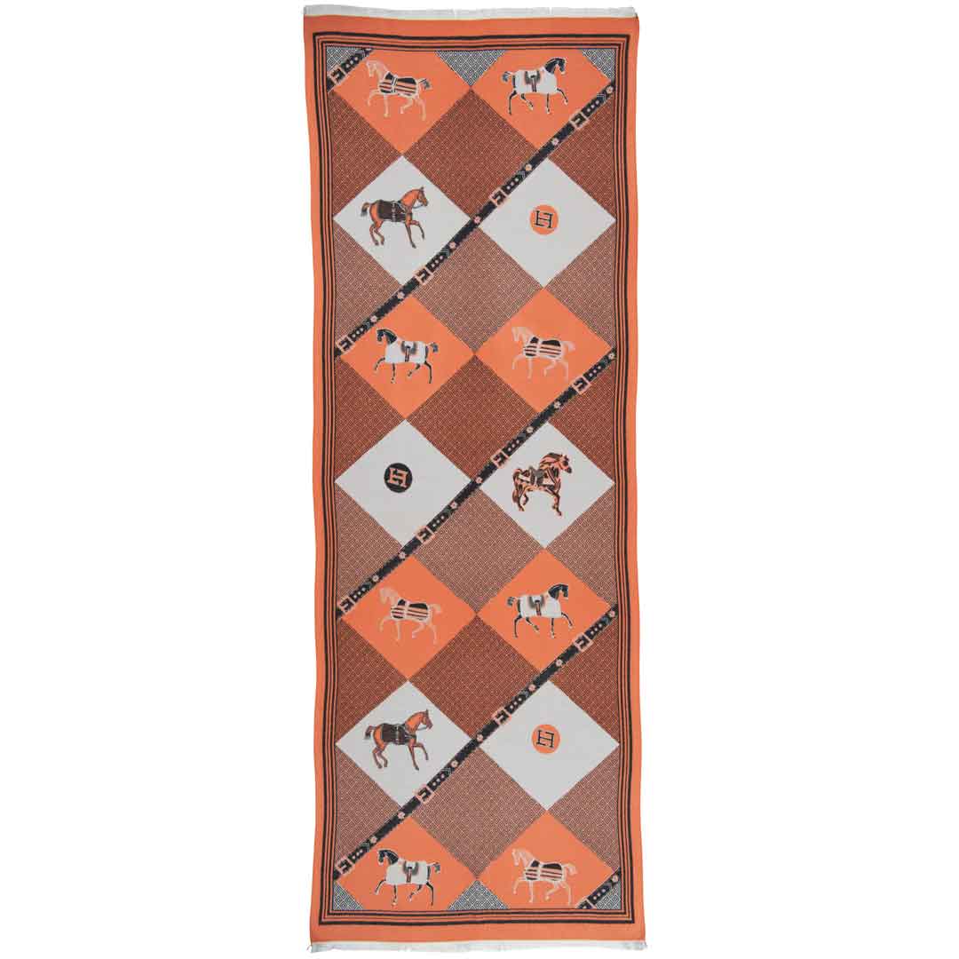 Urban Equestrian Della - Tangerine Equestrian Motif Luxe Shawl