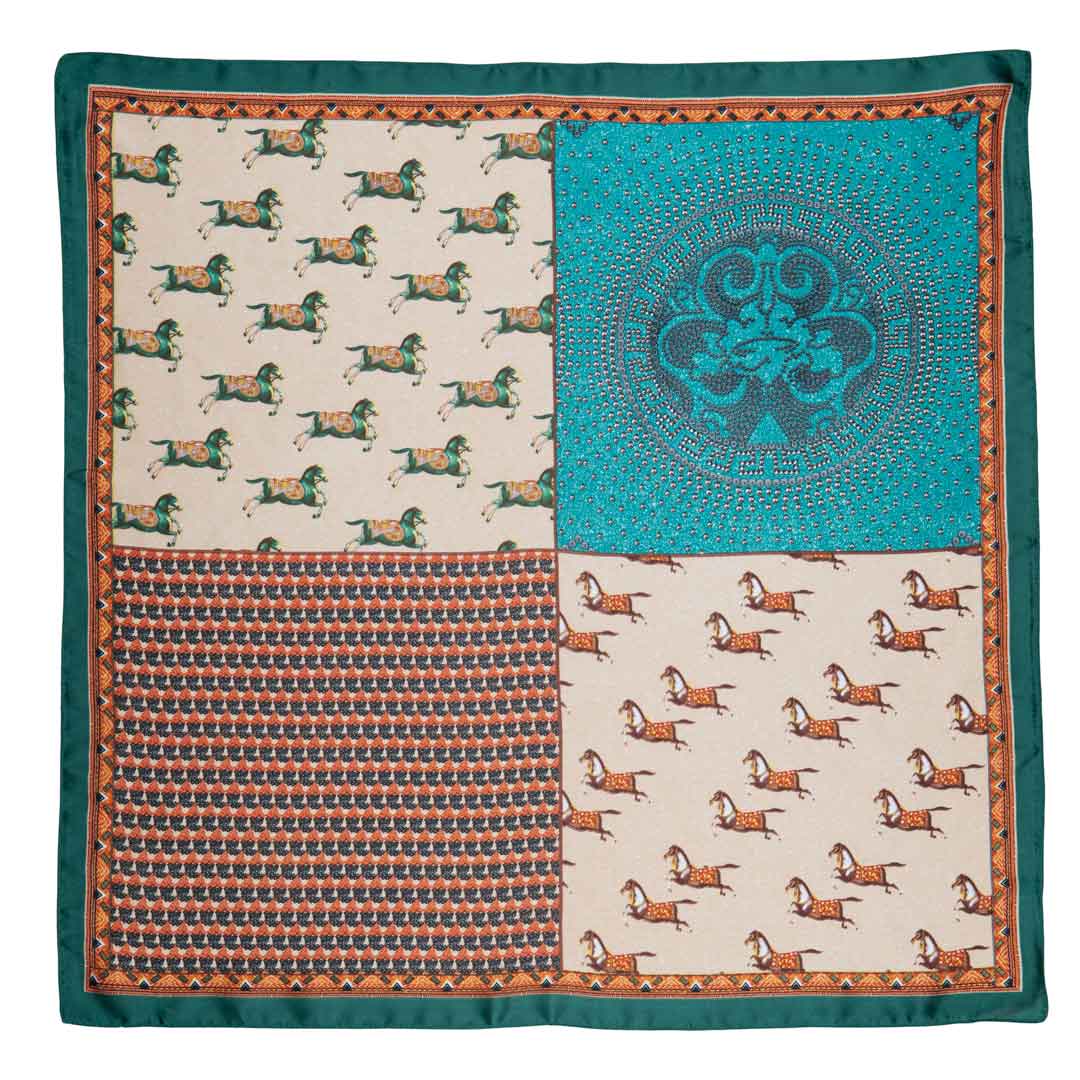 Urban Equestrian Empire - Stylized Equestrian Pattern Multi-Color w/ Emerald Border Scarf