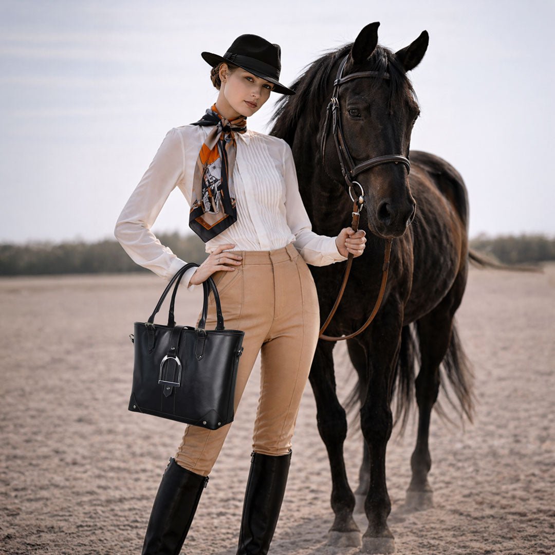 Urban Equestrian Signature - Riding Stirrup Tote Luxury Leather Handbag in Black
