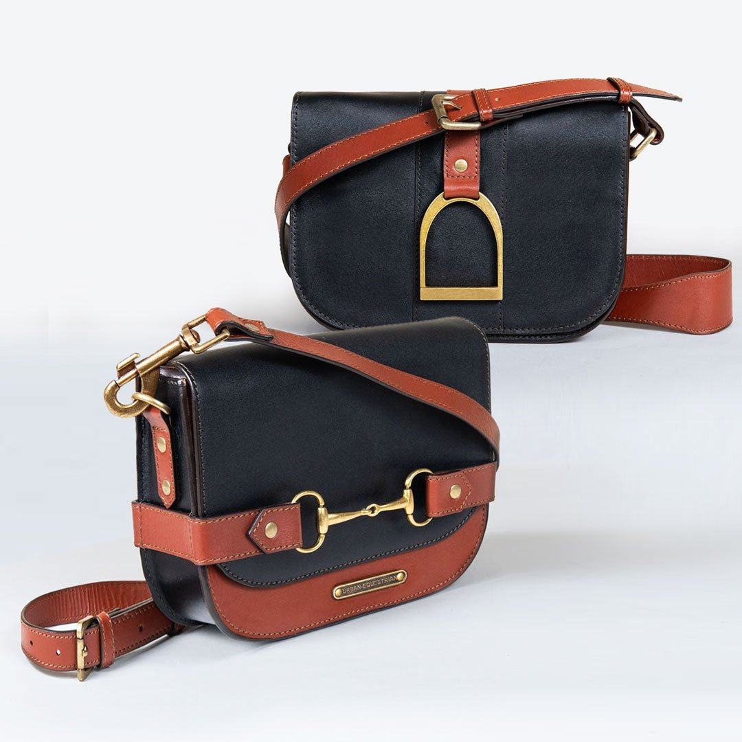 Signature Stirrup - Riding Stirrup Crossbody Luxury Leather Handbag in Cognac on Black