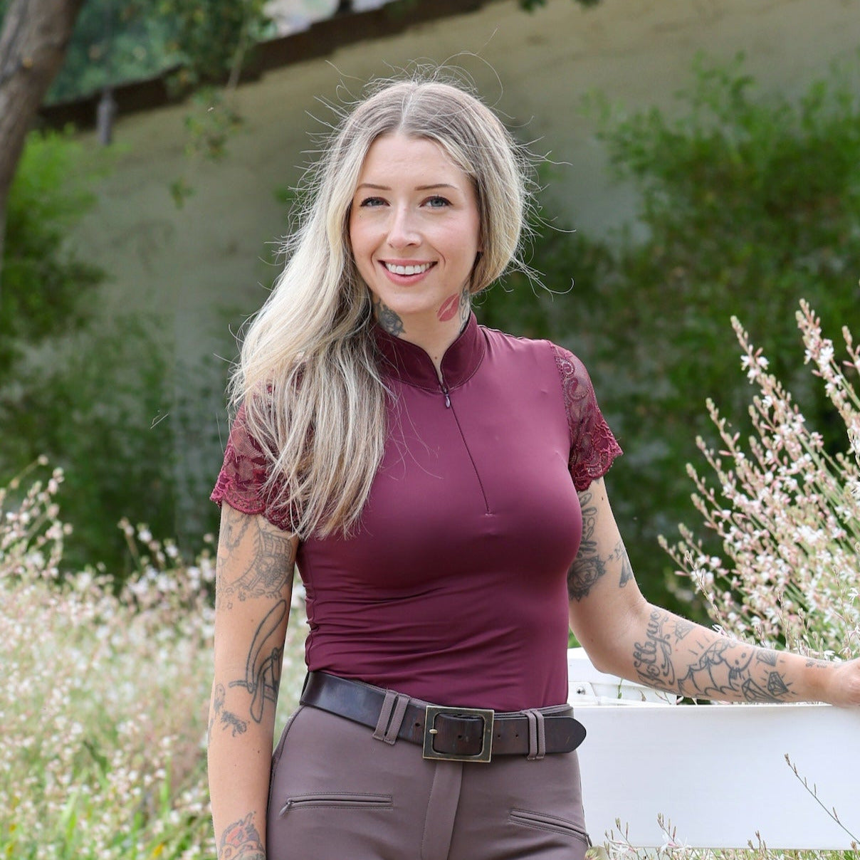 Halter Ego - Tara Short Sleeve Lace Competition Shirt - Burgundy