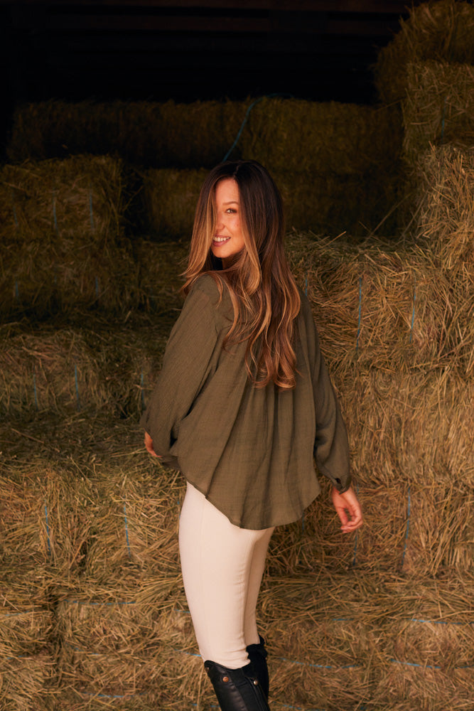 Solid Citizen Equestrian | Lee | Mandarin Collar Button Blouse | Moss Green