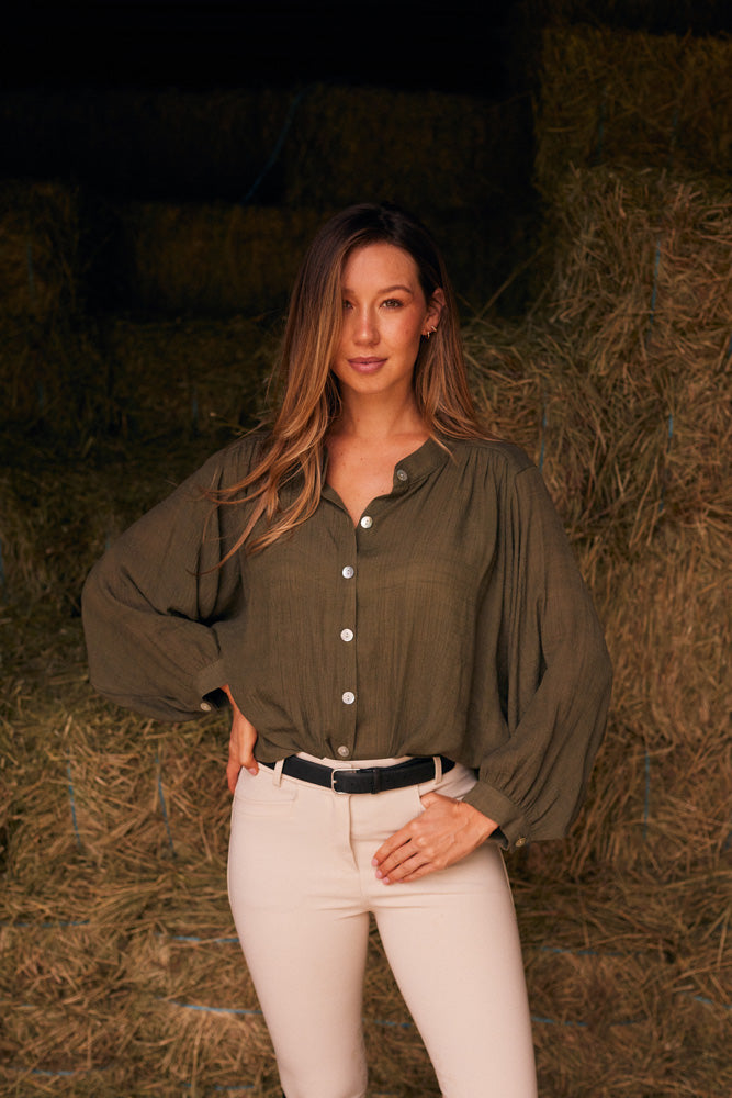 Solid Citizen Equestrian | Lee | Mandarin Collar Button Blouse | Moss Green