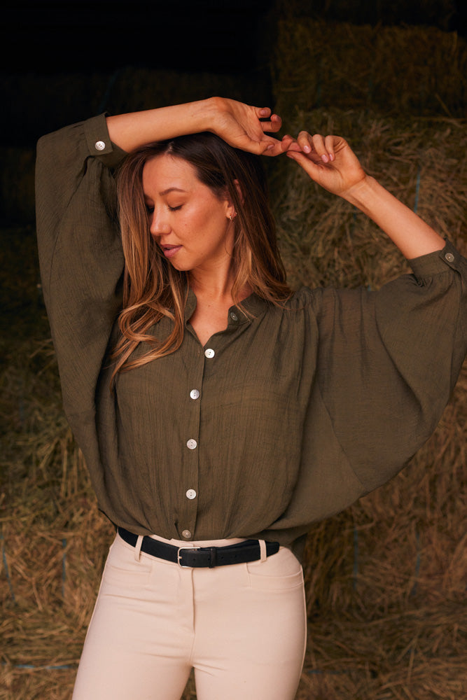 Solid Citizen Equestrian | Lee | Mandarin Collar Button Blouse | Moss Green