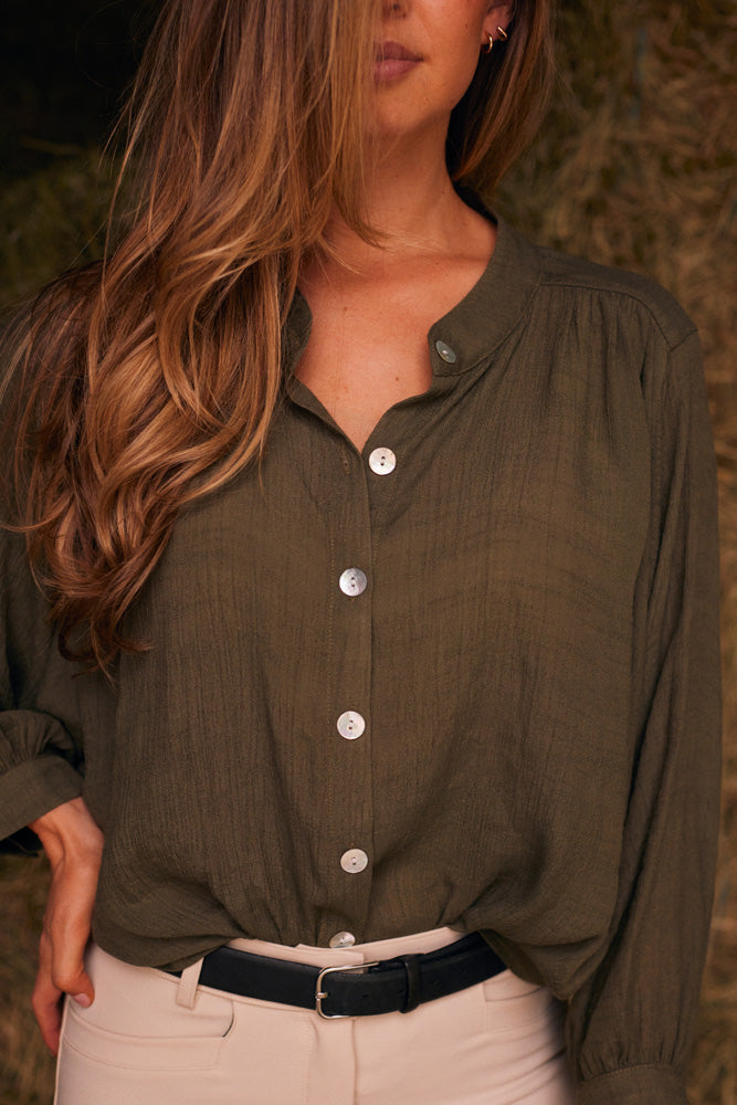 Solid Citizen Equestrian | Lee | Mandarin Collar Button Blouse | Moss Green