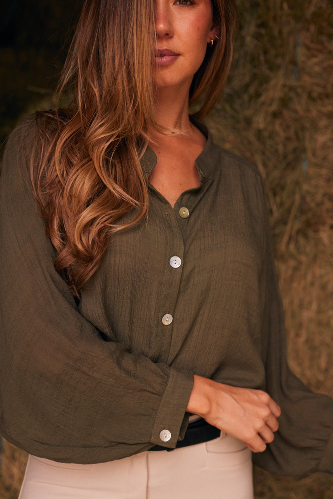 Solid Citizen Equestrian | Lee | Mandarin Collar Button Blouse | Moss Green