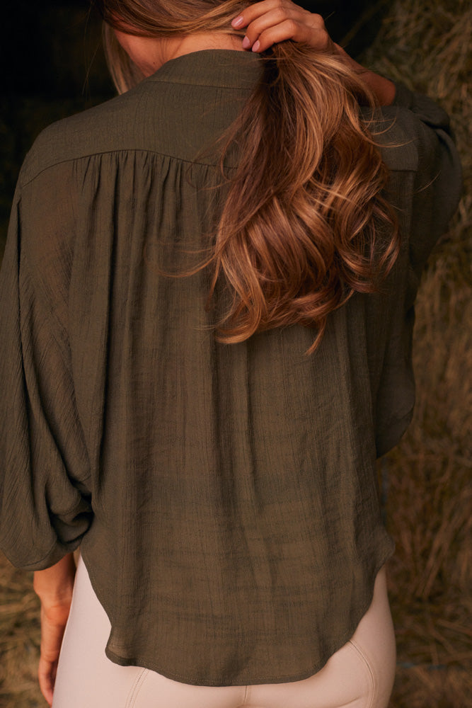 Solid Citizen Equestrian | Lee | Mandarin Collar Button Blouse | Moss Green