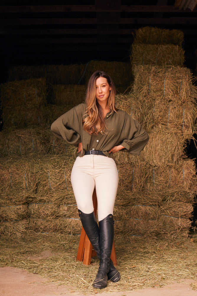 Solid Citizen Equestrian | Lee | Mandarin Collar Button Blouse | Moss Green