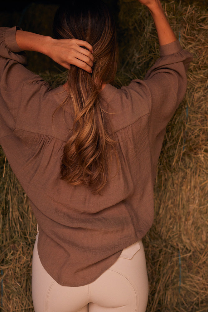 Solid Citizen Equestrian | Lee | Mandarin Collar Button Blouse | Toasted Almond