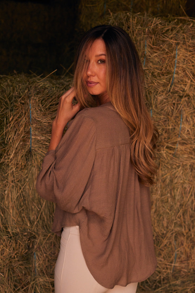 Solid Citizen Equestrian | Lee | Mandarin Collar Button Blouse | Toasted Almond