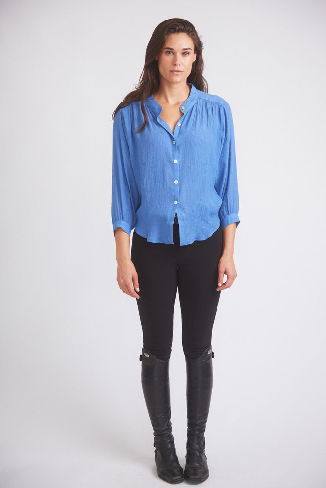 Solid Citizen Equestrian | Lee | Mandarin Collar Button Blouse | French Blue