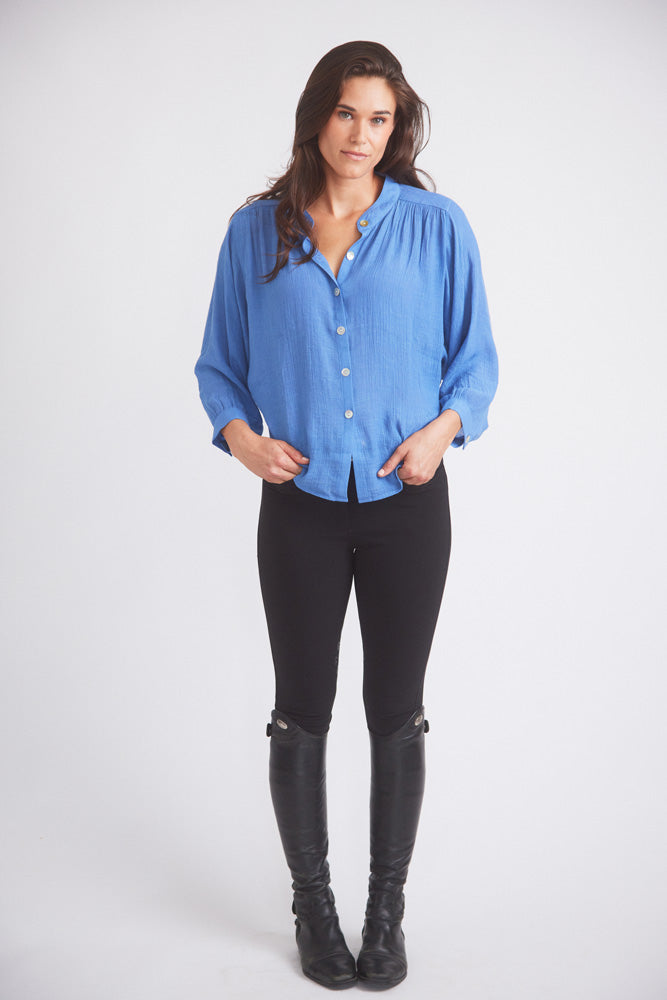 Solid Citizen Equestrian | Lee | Mandarin Collar Button Blouse | French Blue