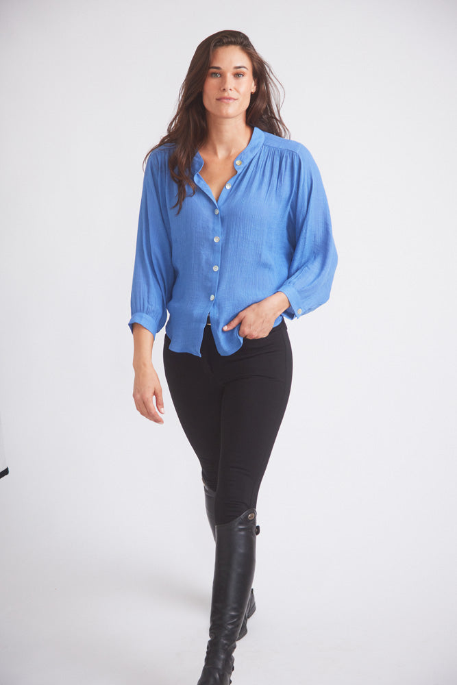 Solid Citizen Equestrian | Lee | Mandarin Collar Button Blouse | French Blue