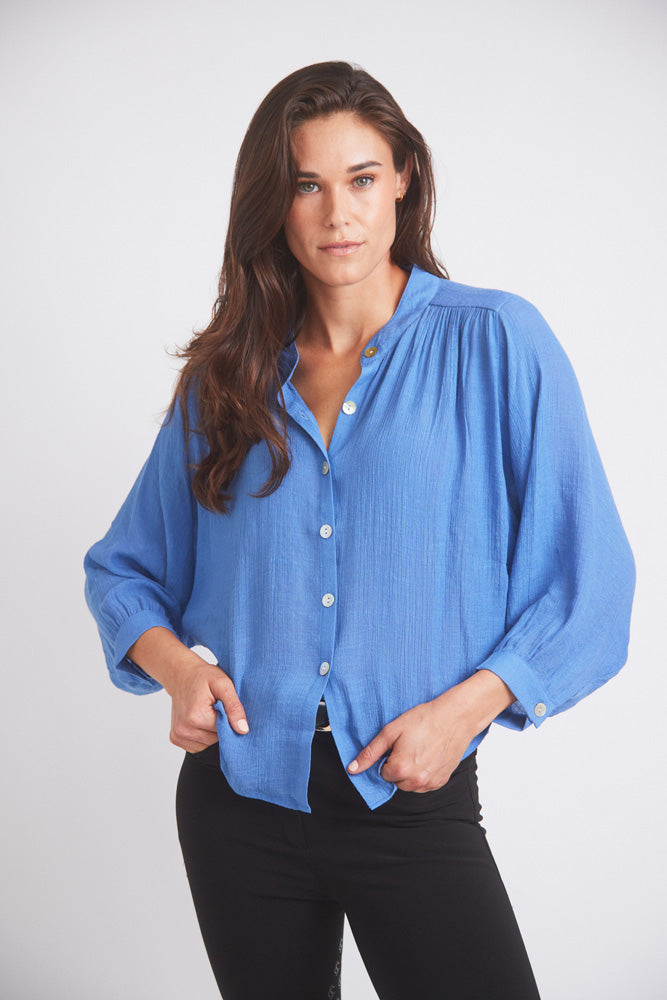 Solid Citizen Equestrian | Lee | Mandarin Collar Button Blouse | French Blue