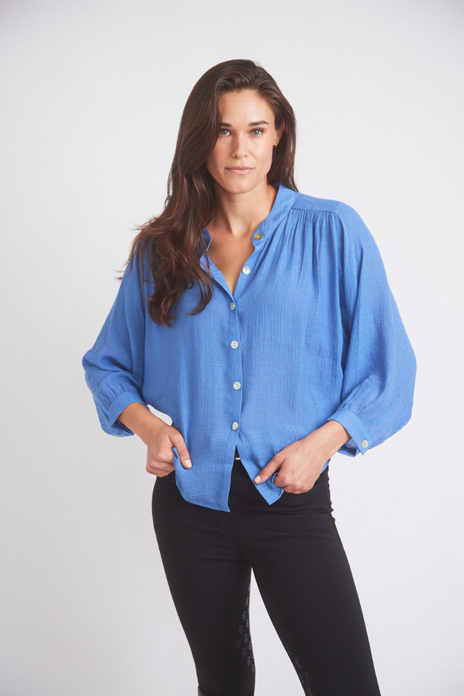 Solid Citizen Equestrian | Lee | Mandarin Collar Button Blouse | French Blue