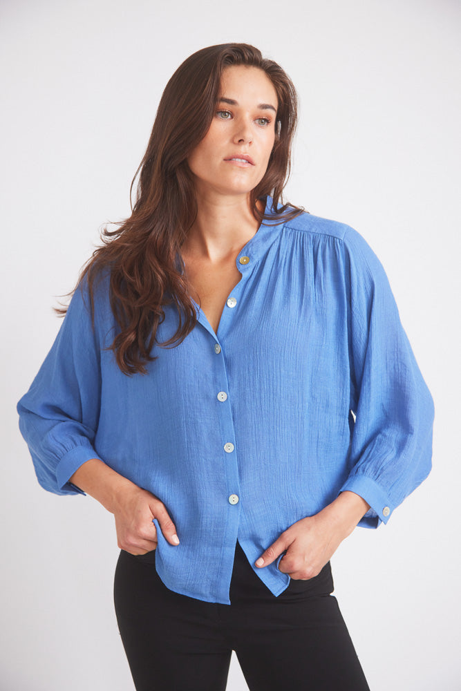 Solid Citizen Equestrian | Lee | Mandarin Collar Button Blouse | French Blue