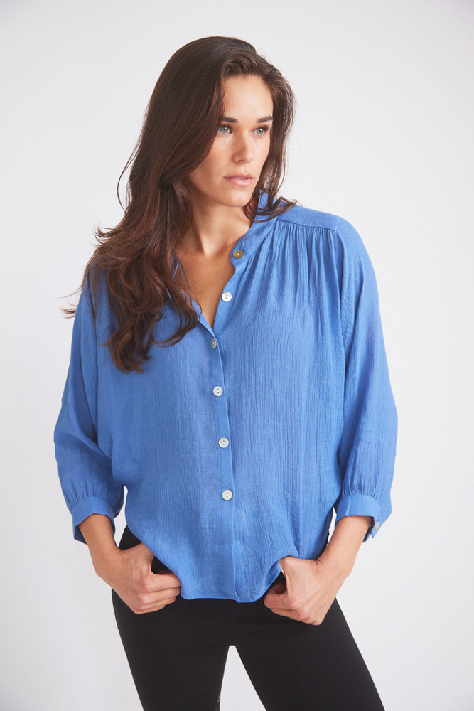Solid Citizen Equestrian | Lee | Mandarin Collar Button Blouse | French Blue
