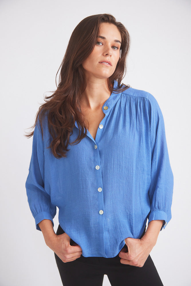 Solid Citizen Equestrian | Lee | Mandarin Collar Button Blouse | French Blue