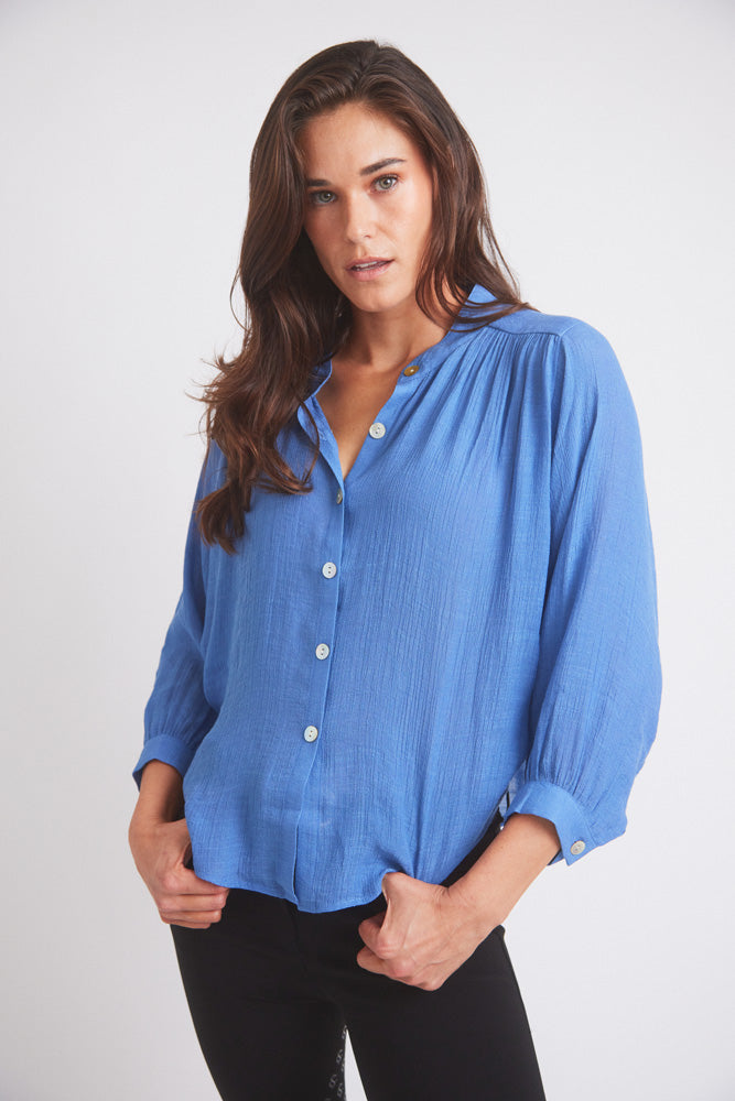 Solid Citizen Equestrian | Lee | Mandarin Collar Button Blouse | French Blue