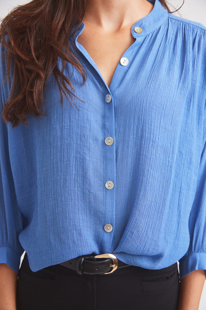 Solid Citizen Equestrian | Lee | Mandarin Collar Button Blouse | French Blue