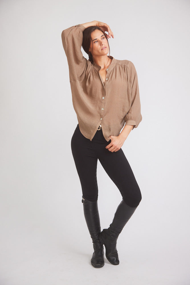 Solid Citizen Equestrian | Lee | Mandarin Collar Button Blouse | Toasted Almond