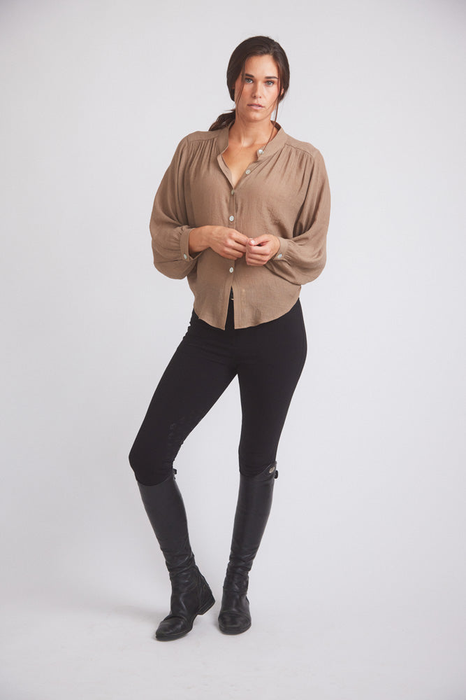 Solid Citizen Equestrian | Lee | Mandarin Collar Button Blouse | Toasted Almond