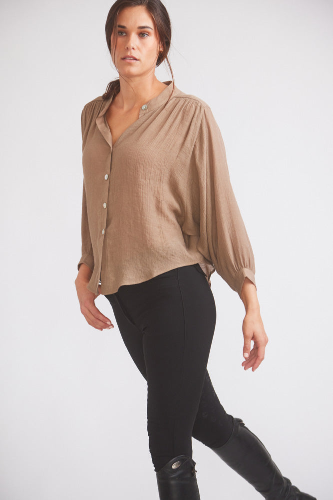 Solid Citizen Equestrian | Lee | Mandarin Collar Button Blouse | Toasted Almond