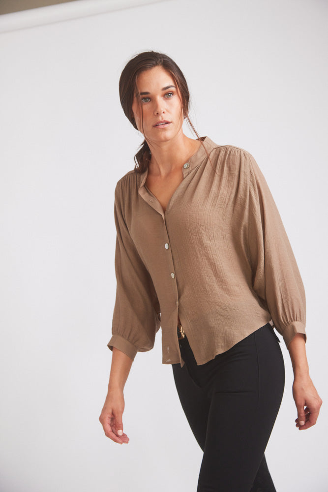 Solid Citizen Equestrian | Lee | Mandarin Collar Button Blouse | Toasted Almond