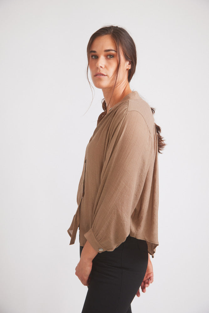 Solid Citizen Equestrian | Lee | Mandarin Collar Button Blouse | Toasted Almond