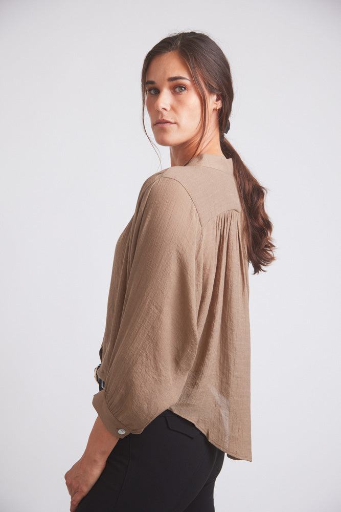 Solid Citizen Equestrian | Lee | Mandarin Collar Button Blouse | Toasted Almond