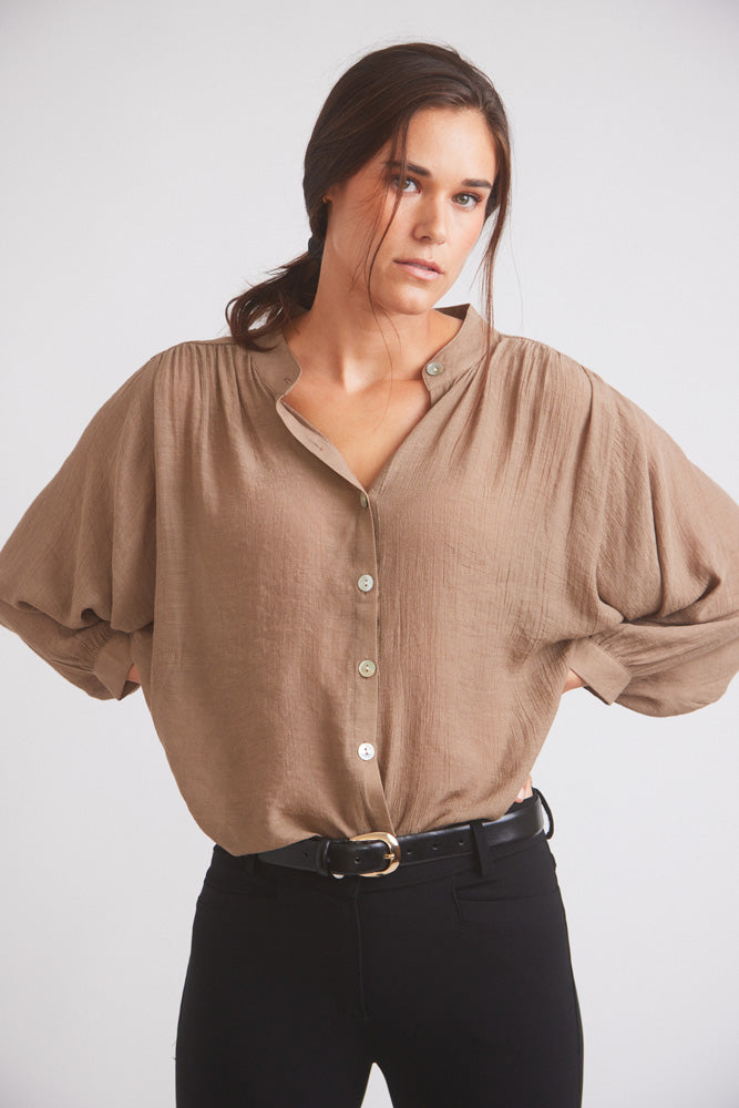 Solid Citizen Equestrian | Lee | Mandarin Collar Button Blouse | Toasted Almond