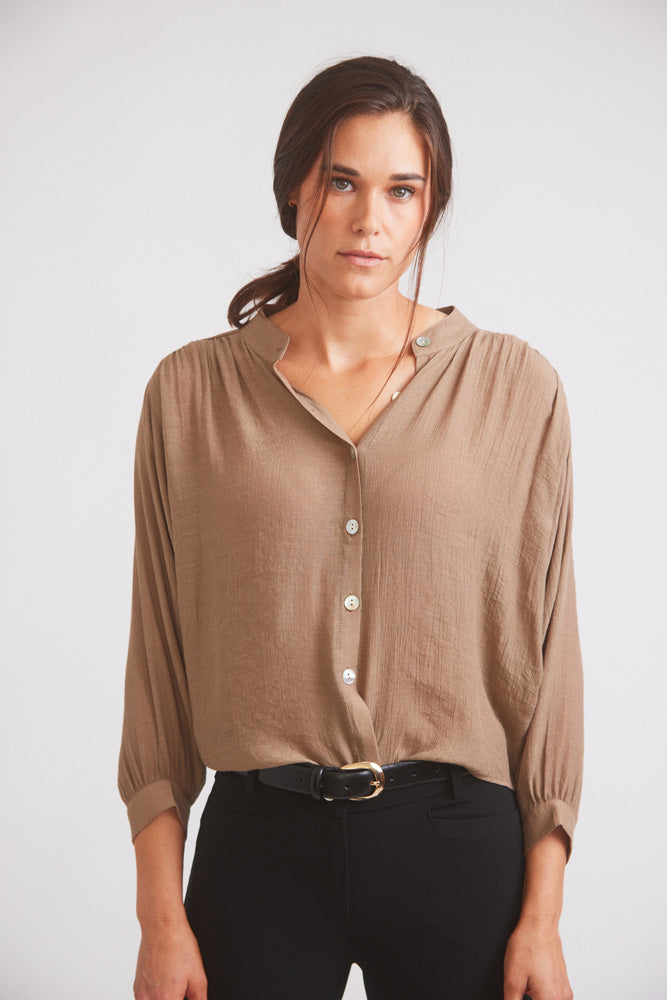 Solid Citizen Equestrian | Lee | Mandarin Collar Button Blouse | Toasted Almond