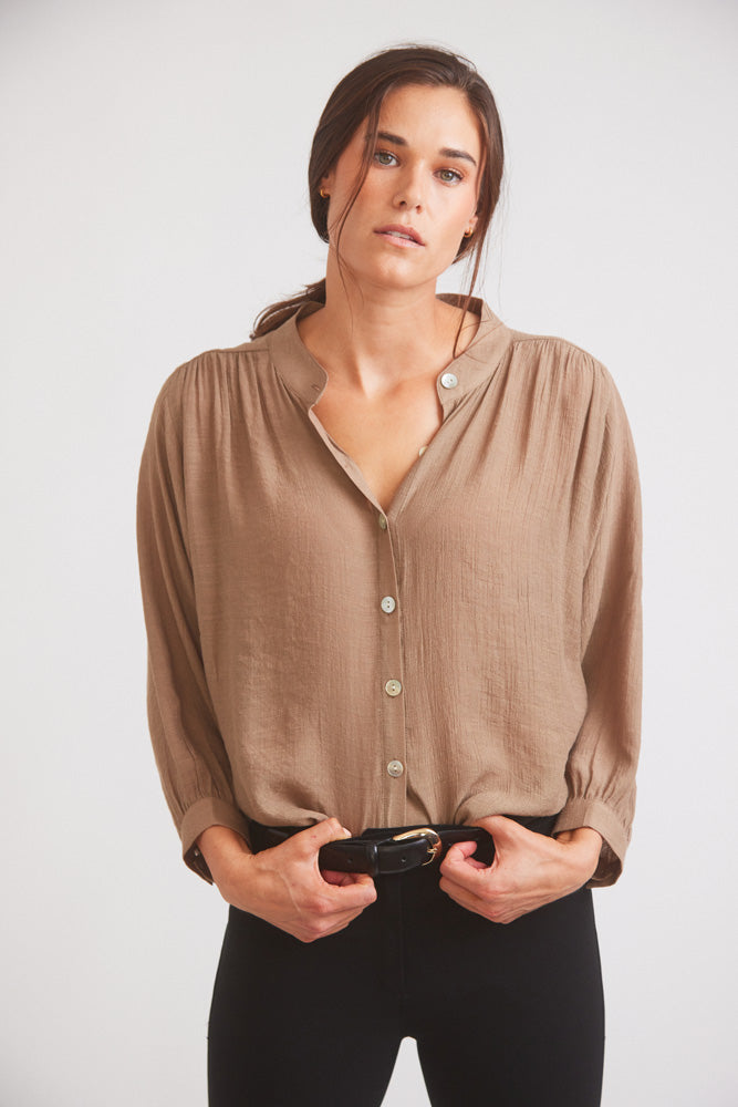 Solid Citizen Equestrian | Lee | Mandarin Collar Button Blouse | Toasted Almond