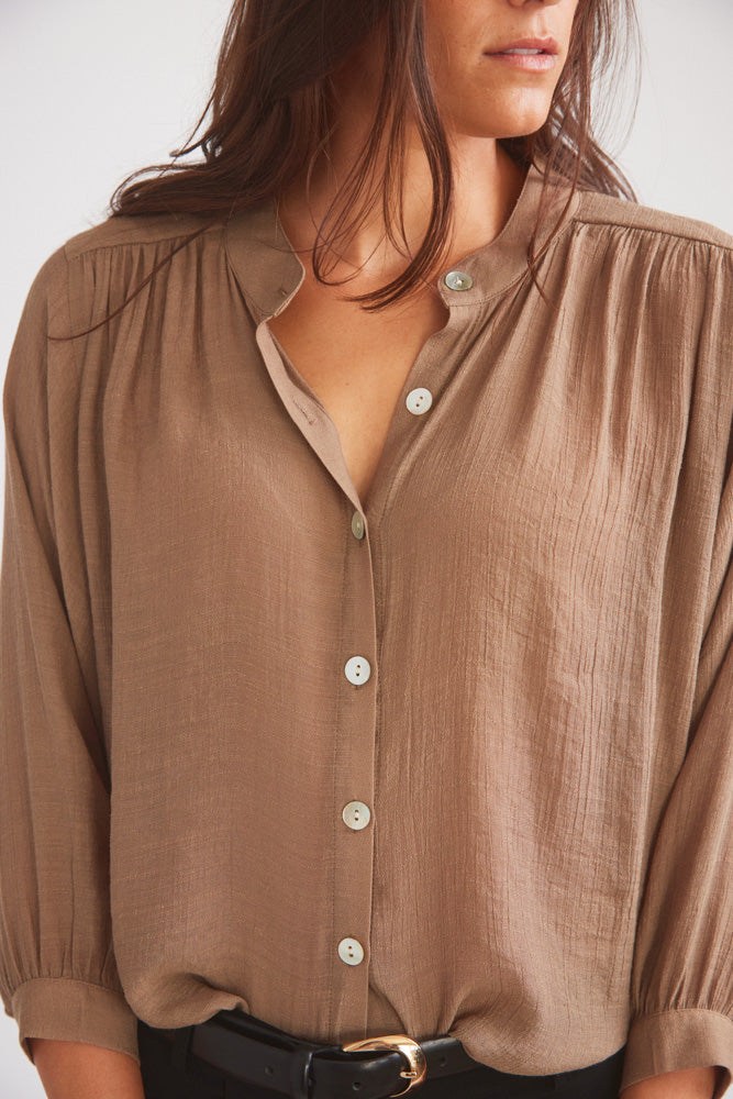 Solid Citizen Equestrian | Lee | Mandarin Collar Button Blouse | Toasted Almond