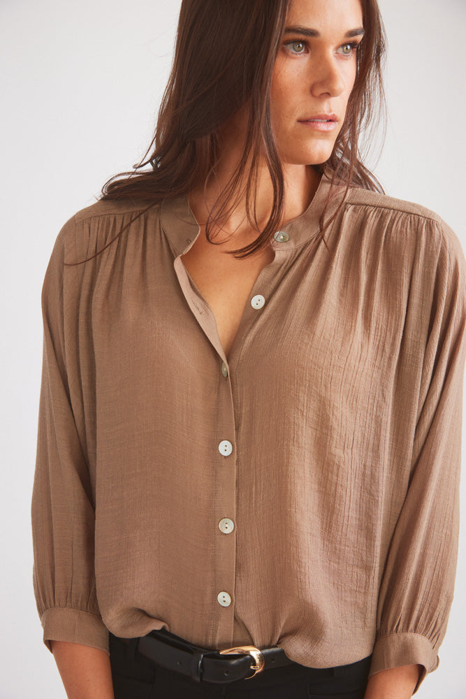 Solid Citizen Equestrian | Lee | Mandarin Collar Button Blouse | Toasted Almond