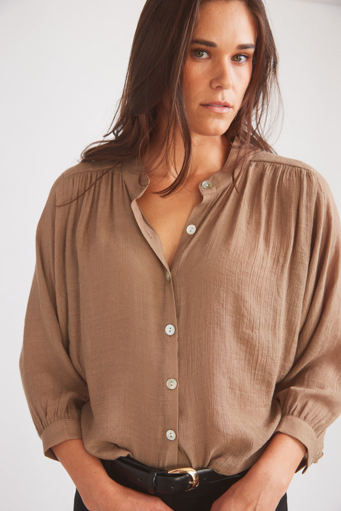Solid Citizen Equestrian | Lee | Mandarin Collar Button Blouse | Toasted Almond