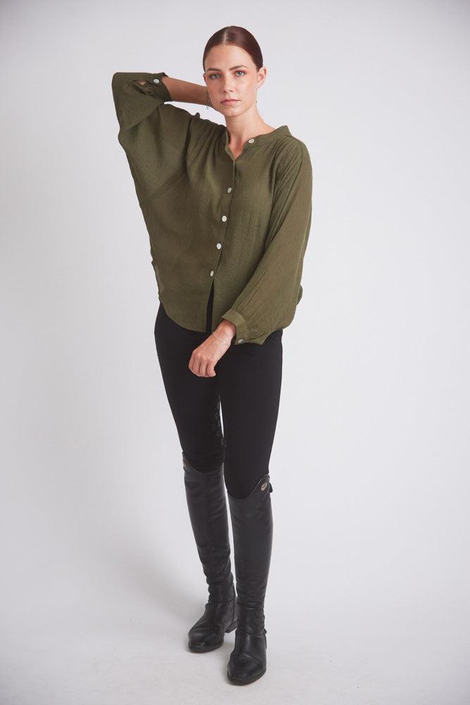 Solid Citizen Equestrian | Lee | Mandarin Collar Button Blouse | Moss Green